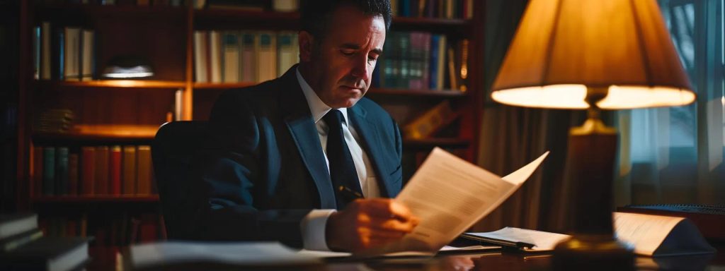 a focused attorney confidently reviews a client's case documents in a warmly lit office, symbolizing the vital role of quality legal support in achieving favorable workers' compensation outcomes.