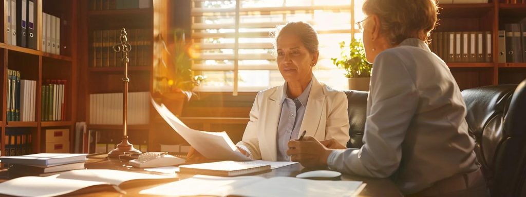 a focused attorney consults with a determined client in a sunlit office, surrounded by organized legal documents and case files, embodying the essence of effective legal representation in managing workers' compensation claims.