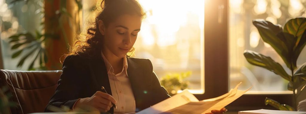 a focused attorney in a sunlit office intently reviews case files with a client, embodying strength and trustworthiness in a supportive atmosphere of legal guidance.