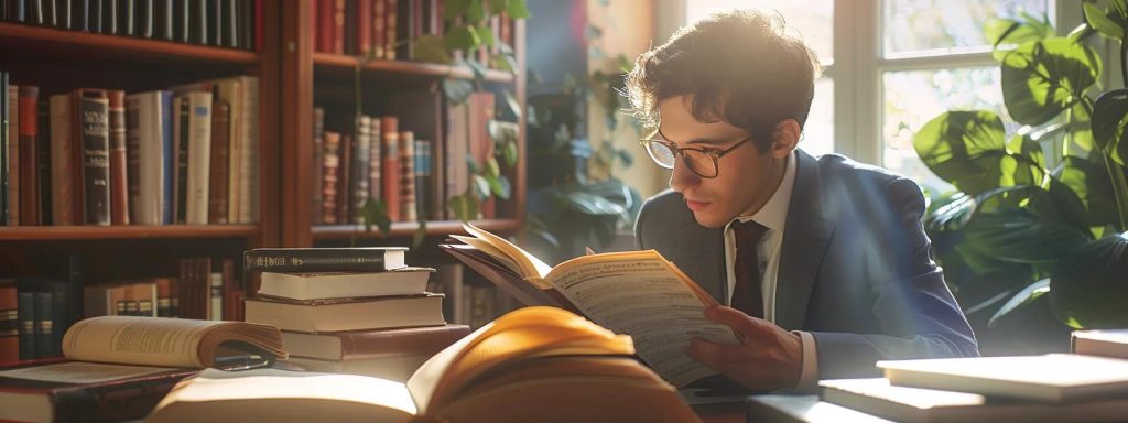 a focused attorney reviewing legal texts and case studies in a sunlit office, with law books and notes spread around, illustrating the commitment to ongoing education in workers' compensation law.