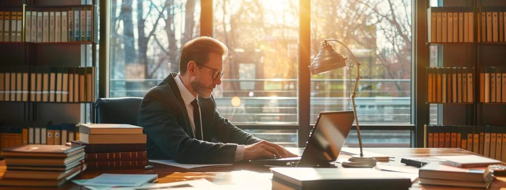 a focused attorney sits confidently at a sleek, modern desk surrounded by legal books and case files, illuminated by warm natural light filtering through large windows, symbolizing the crucial role of specialized knowledge in navigating the complexities of workers' compensation law.