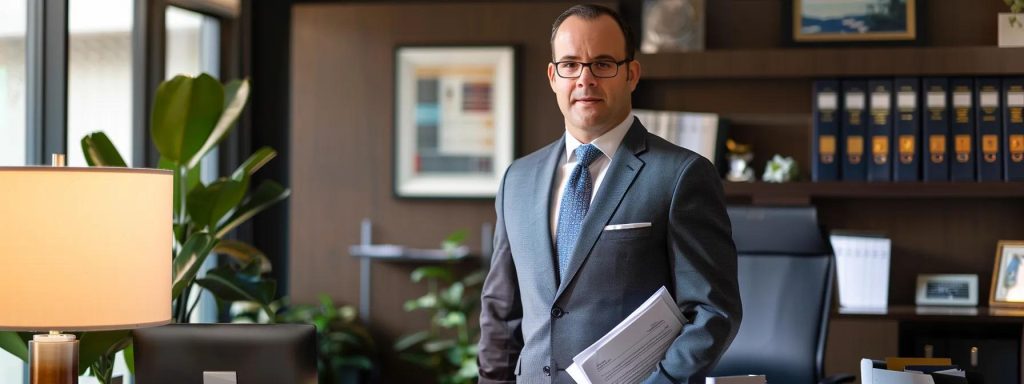a focused attorney stands confidently in a modern, well-lit office, examining case files with a determined expression, symbolizing a strategic approach to workers' compensation law.