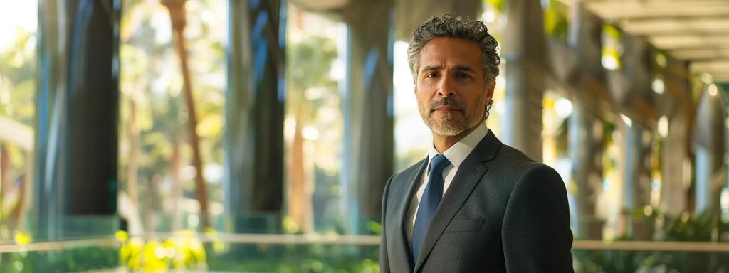 a focused attorney stands confidently in front of a modern office building in long beach, exuding professionalism and determination as they discuss legal strategies with clients, illuminated by soft natural light filtering through large windows.