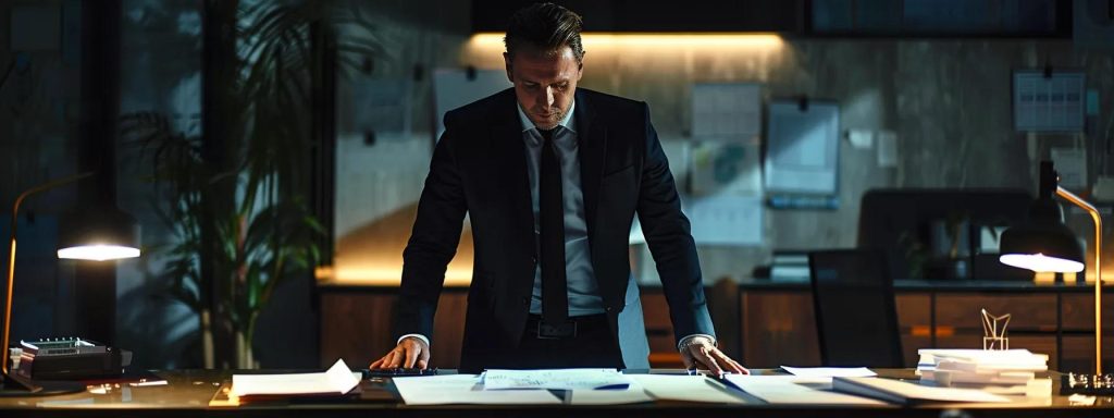 a focused business professional stands confidently at a negotiation table, surrounded by strategic documents and expert reports, embodying the essence of effective workers' compensation discussions under soft, ambient lighting.