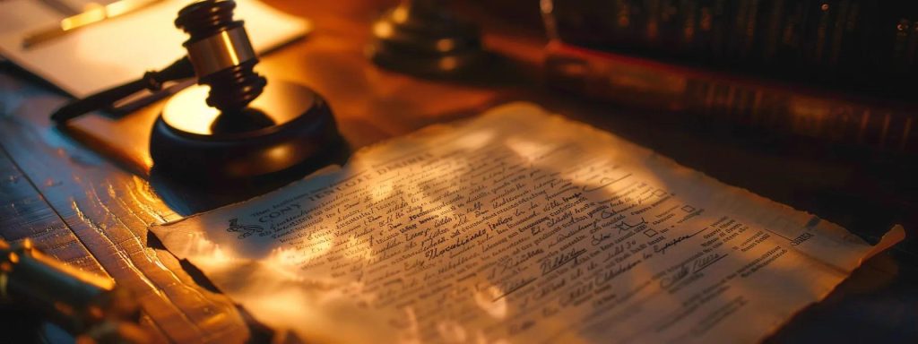 a focused close-up of a legal document with a gavel poised above, illuminated by soft, warm lighting, symbolizing the intricate and time-consuming nature of workers' compensation cases in long beach.