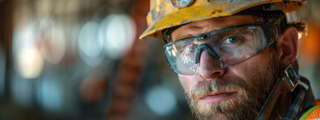 a focused close-up of a construction worker with a serious expression, surrounded by safety equipment, symbolizing the critical need for workers' compensation support in long beach.