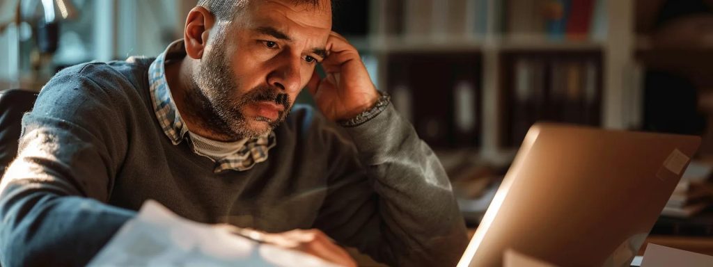 a focused close-up of an injured worker reflecting thoughtfully in a dimly lit office, surrounded by paperwork and a laptop, capturing the essence of navigating the complexities of workers' compensation disputes and settlements.