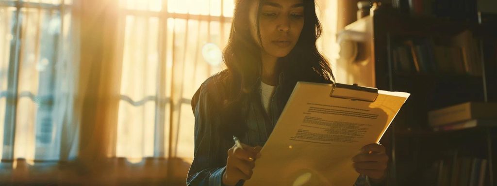 a focused close-up of a serious office worker studying a clipboard filled with documents, illuminated by soft, natural light filtering through a nearby window, symbolizing the meticulous process of filing a workers' compensation claim.
