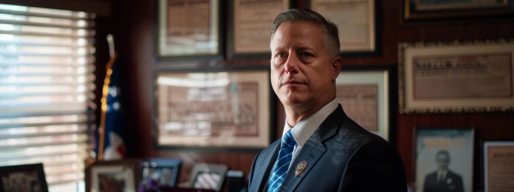 a focused close-up of a confident lawyer standing in an office surrounded by framed testimonials and awards, with warm, inviting lighting emphasizing their professional reputation and expertise in workers' compensation cases.