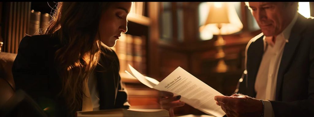 a focused close-up of a confident attorney discussing financial documents with a concerned client, illuminated by warm office lighting that accentuates their expressions, conveying trust and transparency in navigating potential legal costs.