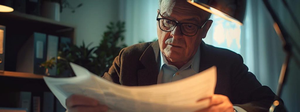 a focused composition of a thoughtful individual reviewing detailed legal documents in a well-lit office, symbolizing the critical assessment of workers' compensation lawyer costs in a professional setting.