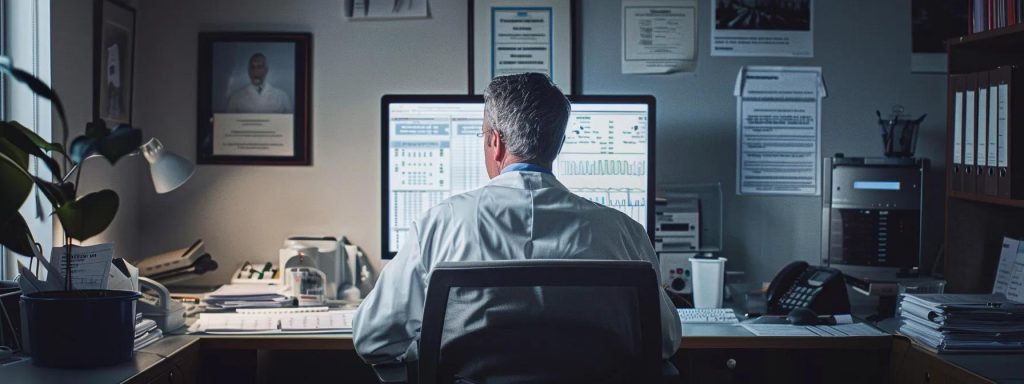 a focused composition of an office environment featuring a distressed employee seated at a desk, surrounded by medical documents and a computer screen displaying worker's compensation forms, illuminated by soft, natural light to emphasize the weight of pre-existing conditions on their claims.