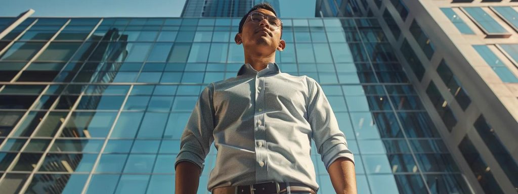 a focused, determined worker stands confidently in front of a modern office building, symbolizing the journey of injured employees seeking workers' compensation support in long beach.
