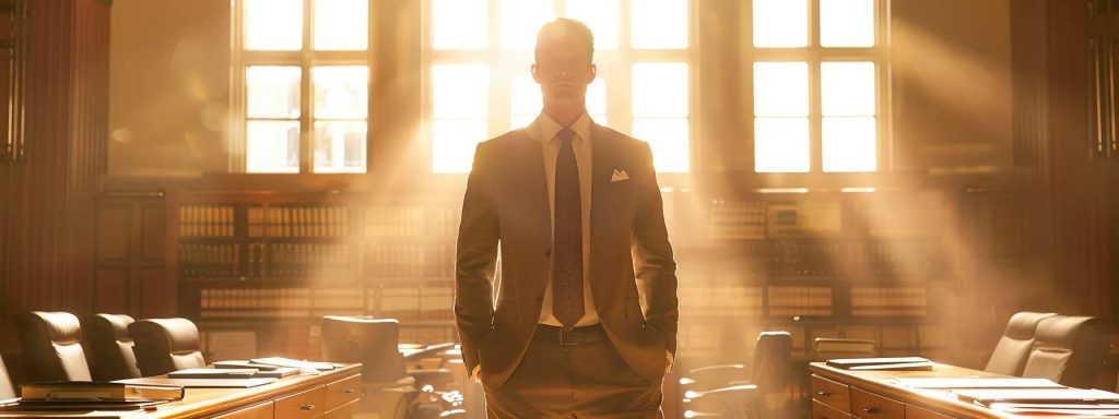 a focused, determined workers' compensation attorney stands confidently in a sunlit courtroom, surrounded by organized files and legal documents, embodying the strength and clarity needed to advocate for injured workers' rights.