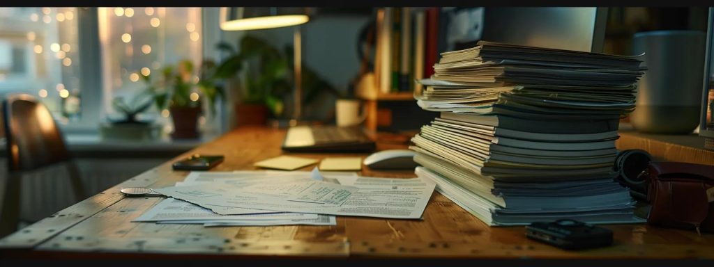a focused, dramatic close-up of a legal document surrounded by evidence files and a computer, highlighting the intensity of workers' compensation negotiations in a modern office setting.