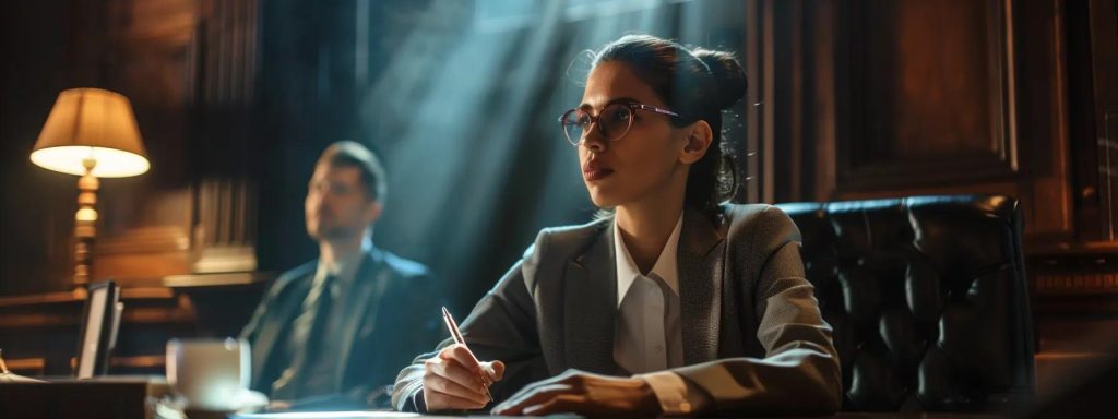 a focused, dynamic courtroom scene capturing a skilled attorney passionately presenting a workers' compensation case, illuminated by dramatic lighting that highlights the intensity and significance of justice in the realm of occupational injury claims.
