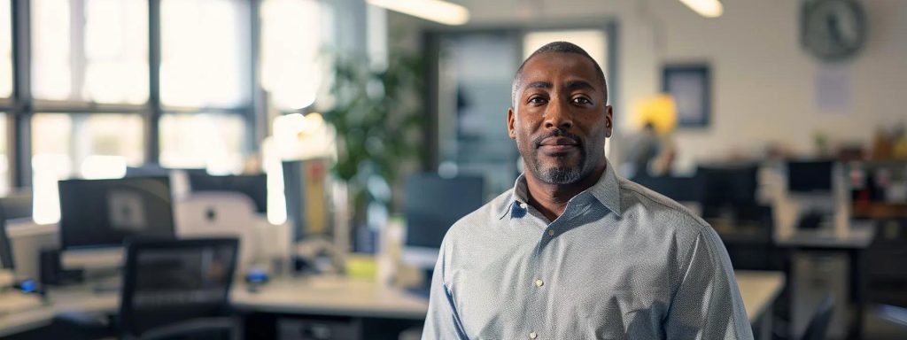 a focused employee stands confidently in an office setting, surrounded by inspiring resources and digital tools that illuminate the path through the complexities of workers' compensation claims.