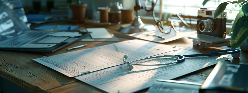 a focused examination of a medical treatment plan surrounded by detailed health care documents and charts, illuminating the meticulous process of workers' compensation claims amid a backdrop of natural light and calm, professional ambiance.