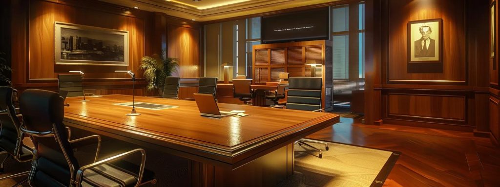 a focused, illuminated conference room features two parties engaged in a tense mediation session, surrounded by documents and a neutral atmosphere that captures the essence of the workers' compensation dispute resolution process.