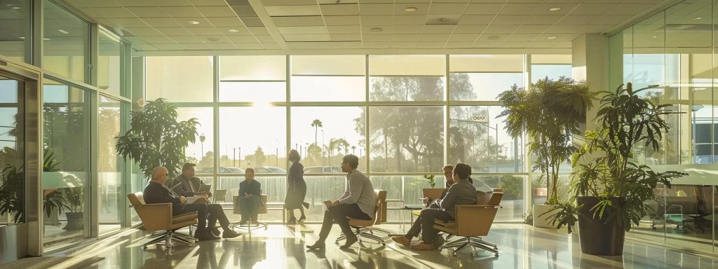 a focused image captures a bustling long beach office environment where professionals discuss the intricacies of the workers' compensation claims process, illuminated by warm natural light filtering through large windows.