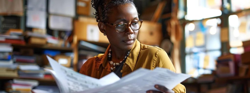 a focused image of a determined worker in a bustling office environment, analyzing paperwork with a thoughtful expression, symbolizing the complexity and importance of navigating workers' compensation claims amidst recovery challenges.