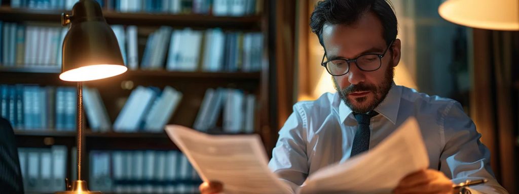a focused image of a determined attorney reviewing complex legal documents in a well-lit office, embodying the urgency and professionalism needed to navigate delays in workers' compensation cases.