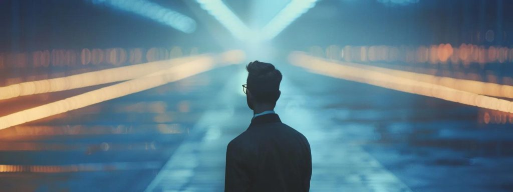 a focused image of a confident employee standing beside a large, clear roadmap, symbolizing the step-by-step journey of navigating the workers' compensation claims process, illuminated by soft, motivational lighting.