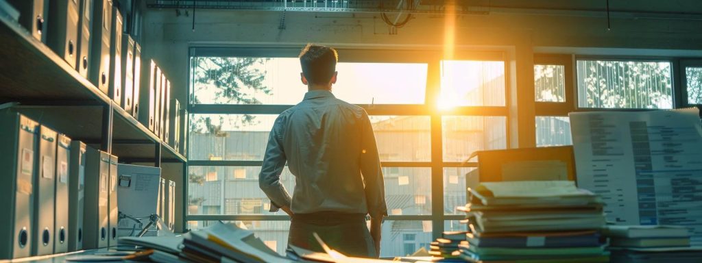 a focused image of a determined worker standing in a serene office environment, surrounded by files and paperwork, symbolizes the essential journey of understanding workers' compensation deadlines and navigating the complexities of securing benefits after workplace injuries.