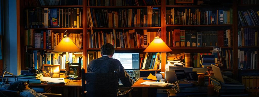 a focused individual peers intently at a glowing laptop screen in a cozy, well-lit room, surrounded by legal books and notes, symbolizing the pursuit of affordable workers' compensation attorneys through diligent research.