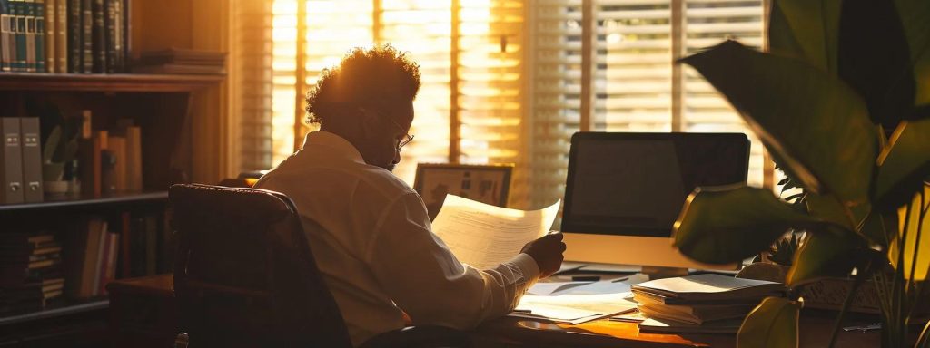 a focused individual sits at a desk in a well-lit office, intently reviewing important documents about workplace injury reporting and workers' compensation, surrounded by a sense of urgency and determination.