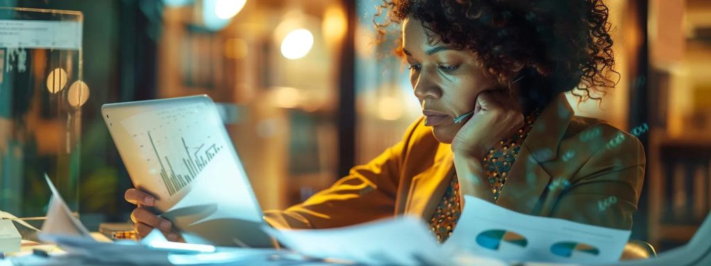 a focused individual surrounded by organized documentation and medical records, gazing thoughtfully at a digital tablet displaying negotiation strategies, illuminating the seriousness of preparing for a workers' compensation settlement.