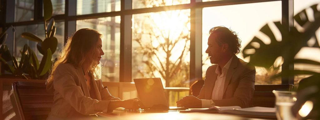 a focused lawyer offers expert guidance to a distressed client in a modern office, surrounded by legal documents and a sense of collaboration, illuminated by warm, natural light filtering through large windows.