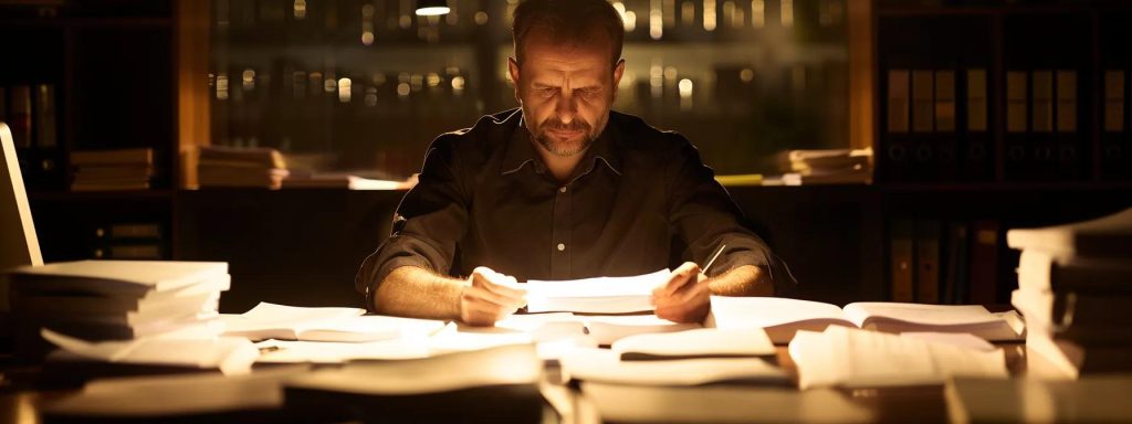 a focused light illuminates a thoughtful worker seated at a table surrounded by paperwork, symbolizing the critical decision-making process of navigating the complexities and long-term implications of settlements on future compensation claims.
