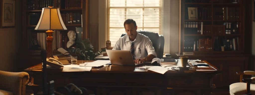 a focused office scene captures a confident injured worker seated at a large desk, surrounded by documents and a laptop, engaging in a thoughtful discussion with a knowledgeable claims representative under warm, natural lighting, symbolizing empowerment in the workers' compensation claims evaluation process.