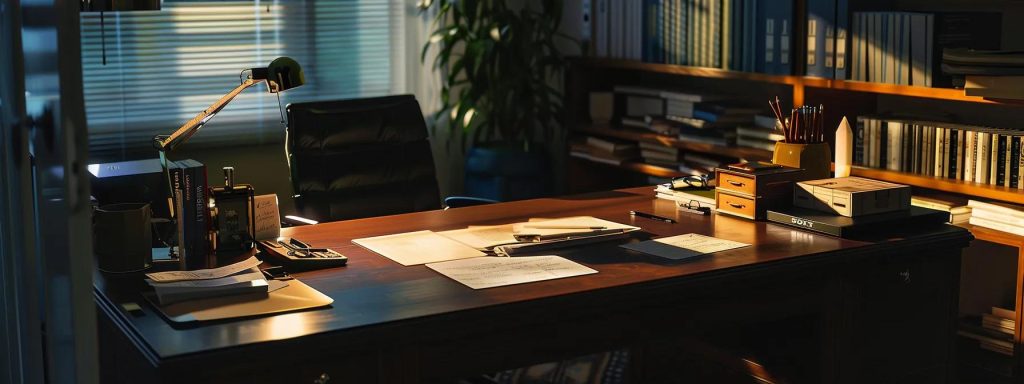 a focused office workspace showcases a neatly arranged desk with essential documents and a computer, illuminated by natural light, symbolizing the organized process of filing a workers' compensation claim.