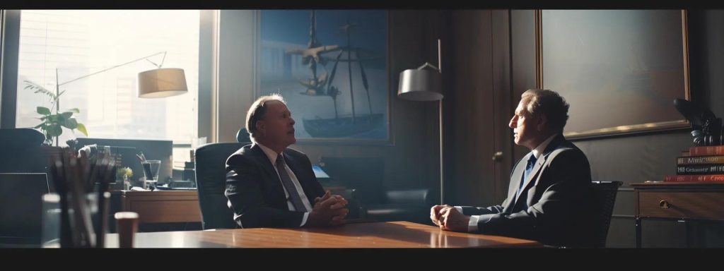 a focused, professional attorney sits across from an injured worker in a well-lit office, discussing a detailed fee structure for workers' compensation claims, conveying an atmosphere of trust and transparency.