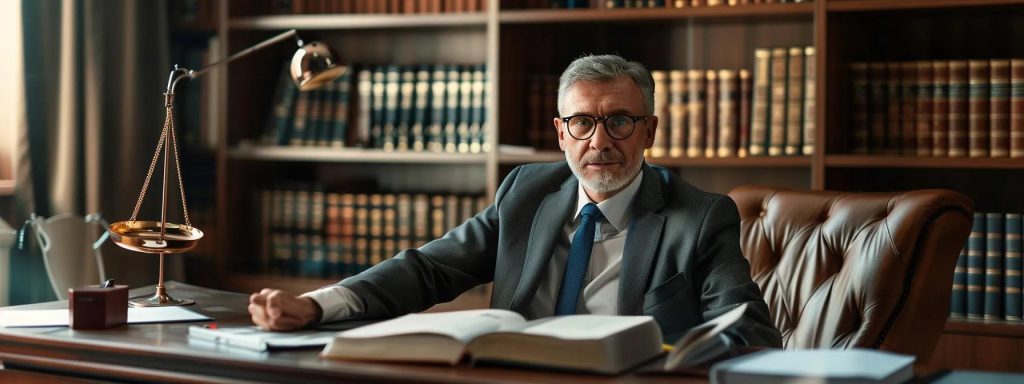 a focused, professional attorney sits confidently at a modern desk, surrounded by legal books and case files, conveying a sense of trust and expertise in navigating workers' compensation fees in long beach.