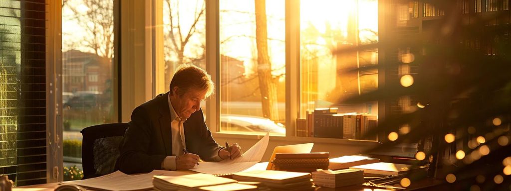 a focused, professional environment featuring a determined individual analyzing documents and charts to assess workers' compensation eligibility, illuminated by natural light streaming through a large window.