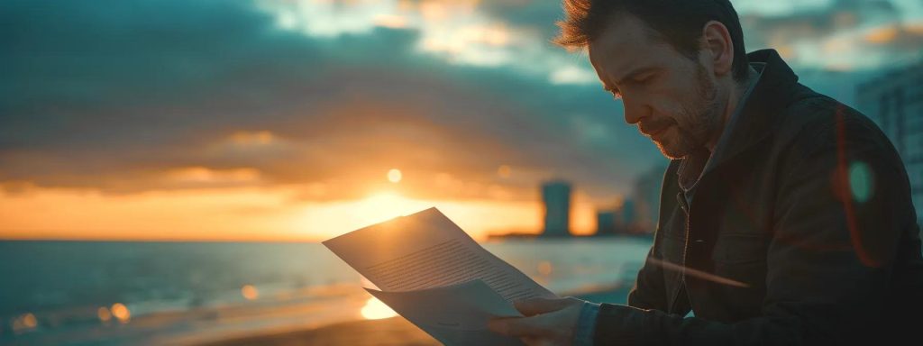 a focused professional examining a detailed workers' compensation document, framed against a serene long beach backdrop, symbolizing clarity and guidance in navigating claims amidst workplace challenges.