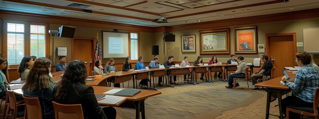 a focused, professional setting captures a group of diverse individuals engaged in a dynamic workshop led by a knowledgeable attorney, surrounded by informative materials and a warm, inviting atmosphere.