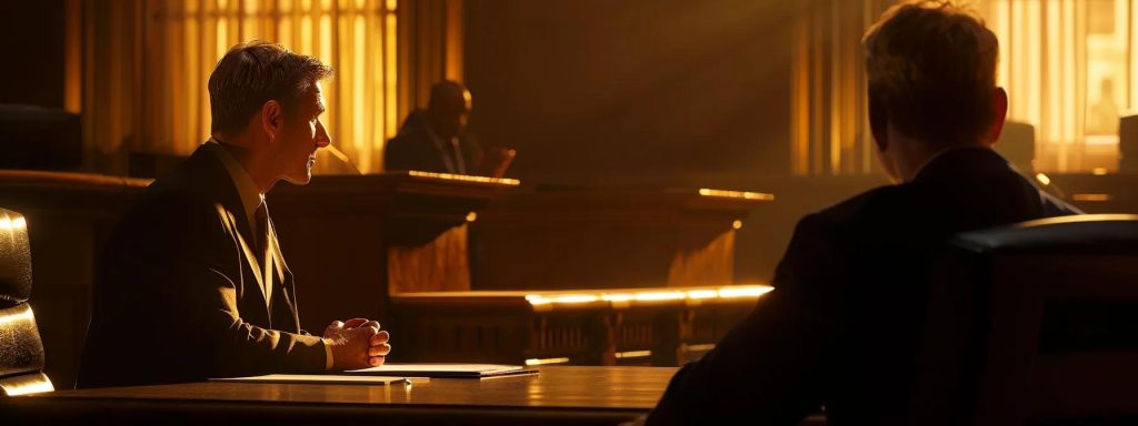 a focused, professional setting featuring a confident attorney discussing compensation terms with a client, illuminated by soft, warm lighting that enhances the atmosphere of trust and clarity.