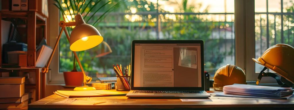 a focused, professional workspace features an open laptop displaying a detailed workers' compensation guide, surrounded by symbolic elements like safety helmets and documents, illuminated by warm, natural light streaming through a window, conveying clarity amidst the complexity of the settlement process.