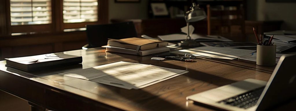 a focused, professional workspace showcases a meticulously organized table with important documentation and a laptop, symbolizing the streamlined process of filing a workers' compensation claim for injuries, illuminated by soft, natural light pouring through a nearby window.