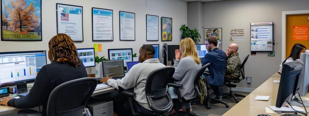 a focused scene captures a diverse group of workers gathered in a bright, modern office, actively engaging with online resources about workers' compensation, surrounded by informative posters and a warm, collaborative atmosphere.