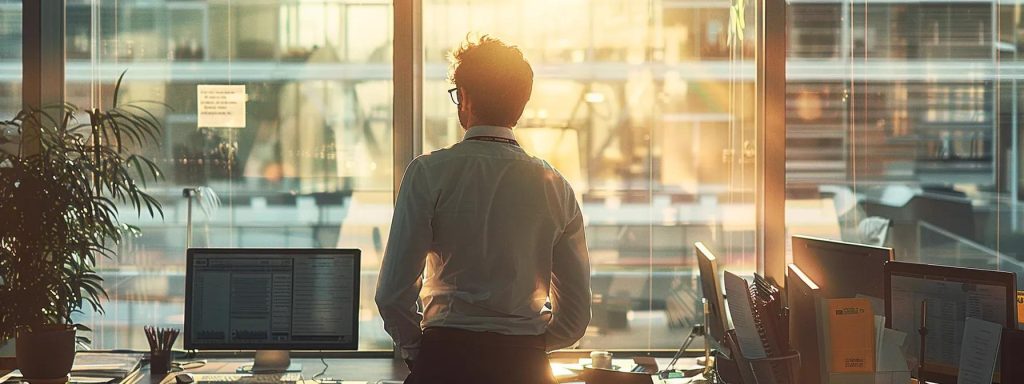 a focused scene captures a solemn office environment where a dedicated professional reviews detailed workers' compensation documents, surrounded by soft natural light filtering through large windows, conveying the seriousness and complexity of the settlement process.