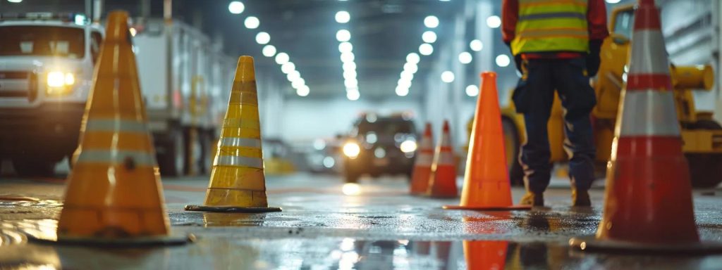 a focused scene captures a worker at a workplace injury site, surrounded by safety cones and blurred emergency responders, emphasizing the urgency and importance of immediate action and support in an industrial environment.