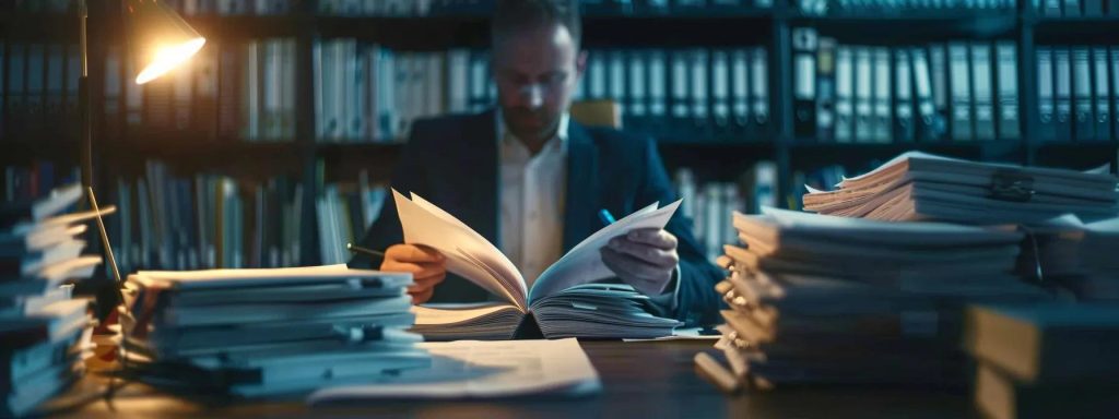 a focused scene of a professional attorney reviewing detailed case files in a well-lit office, surrounded by stacks of legal documents and medical reports, highlighting the intensity and importance of thorough case preparation for successful worker's compensation settlements.