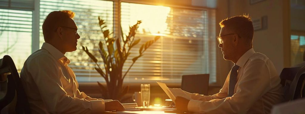 a focused scene of a determined injured worker discussing legal documents with an attentive workers' compensation attorney in an office setting, illuminated by warm, natural light to convey trust and professionalism.