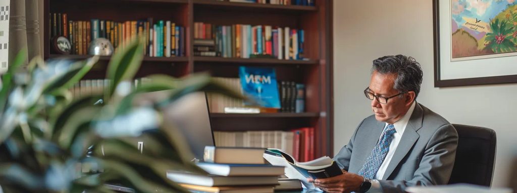 a focused, serene moment captures a professional long beach workers compensation lawyer attentively listening to a client in a well-lit, modern office, framed by legal books and motivational artwork, symbolizing hope and guidance in navigating complex claims.