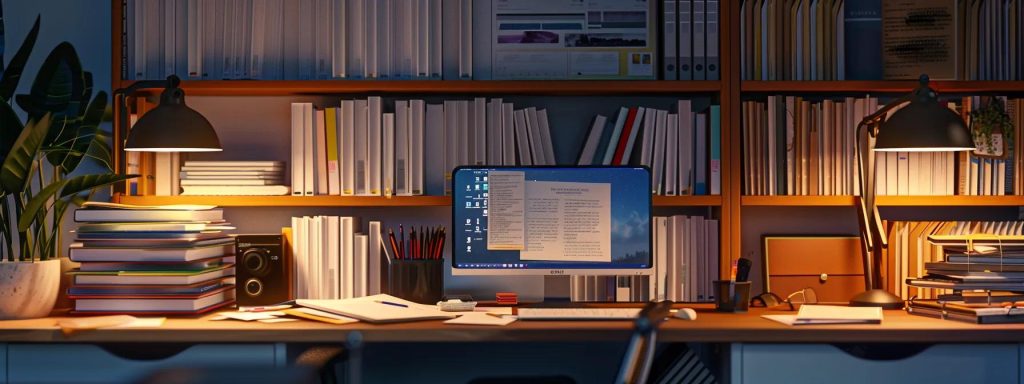 a focused, serene workspace showcases neatly organized paperwork and a computer, illuminated by soft natural light, symbolizing the efficient handling of deadlines and the calm support provided by a workers' comp attorney for injured individuals.